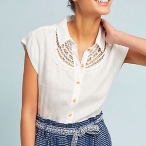 Anthropologie Maeve Yoked Linen Buttondown, Lace Panel, White/Ivory, M